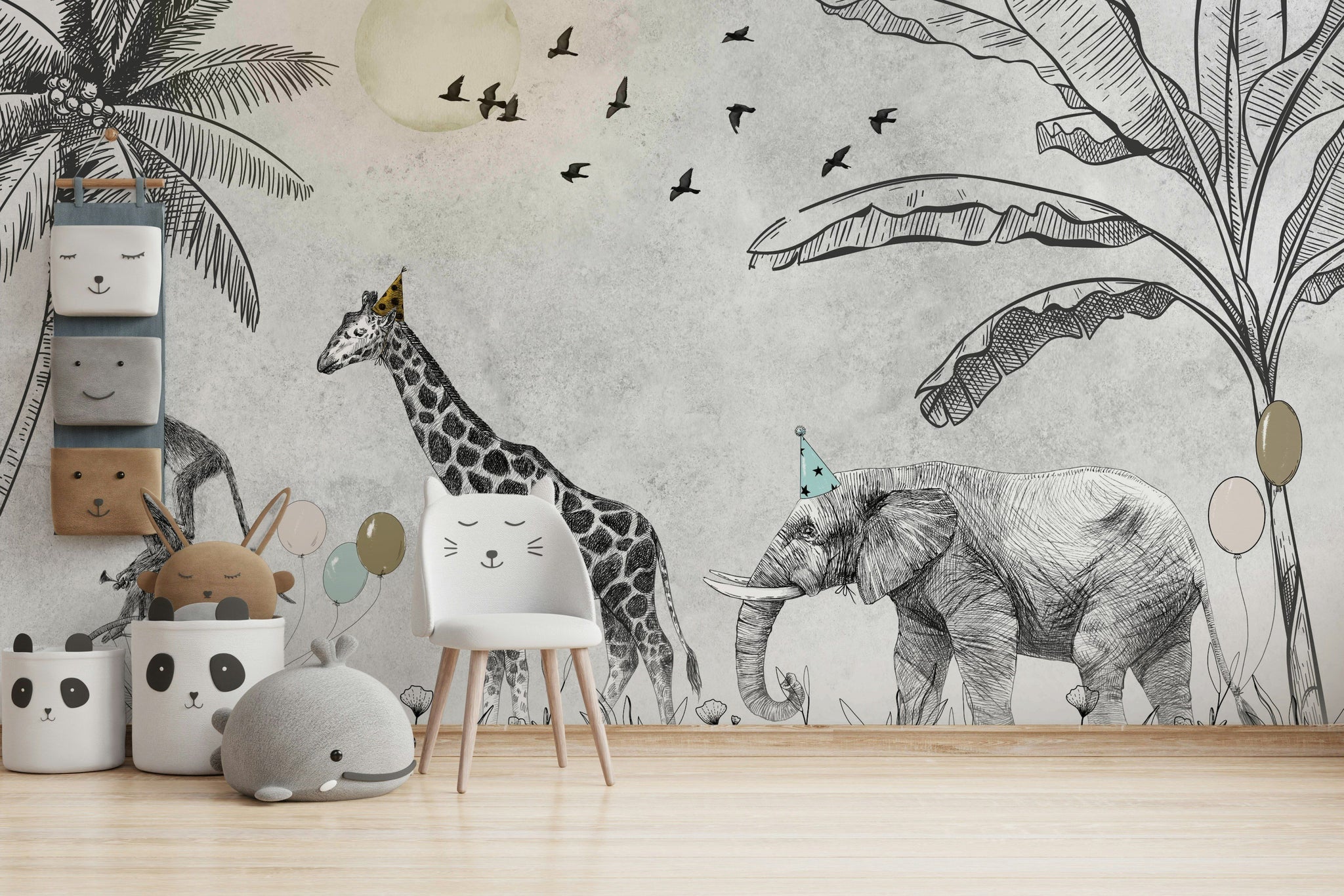 Safari Hayvanlı Poster Duvar Kağıdı Gri Çocuk Odası Çizim
