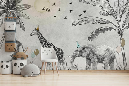 Safari Hayvanlı Poster Duvar Kağıdı Gri Çocuk Odası Çizim