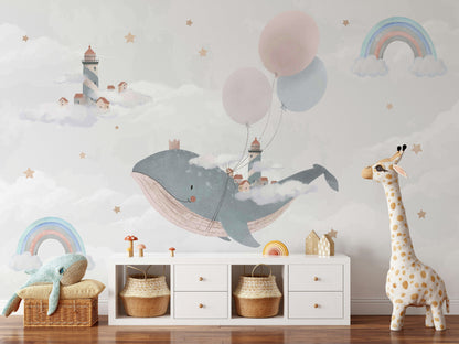 Balina ve Gökkuşaklı Poster Duvar Kağıdı Pastel Çocuk Odası