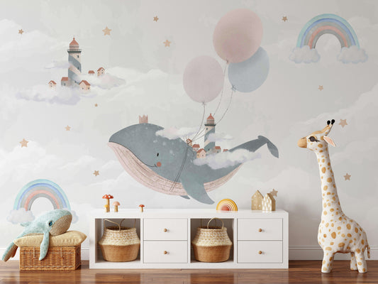 Balina ve Gökkuşaklı Poster Duvar Kağıdı Pastel Çocuk Odası