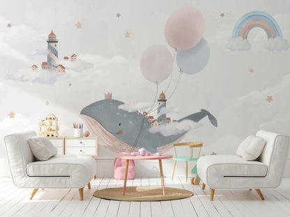 Balina ve Gökkuşaklı Poster Duvar Kağıdı Pastel Çocuk Odası