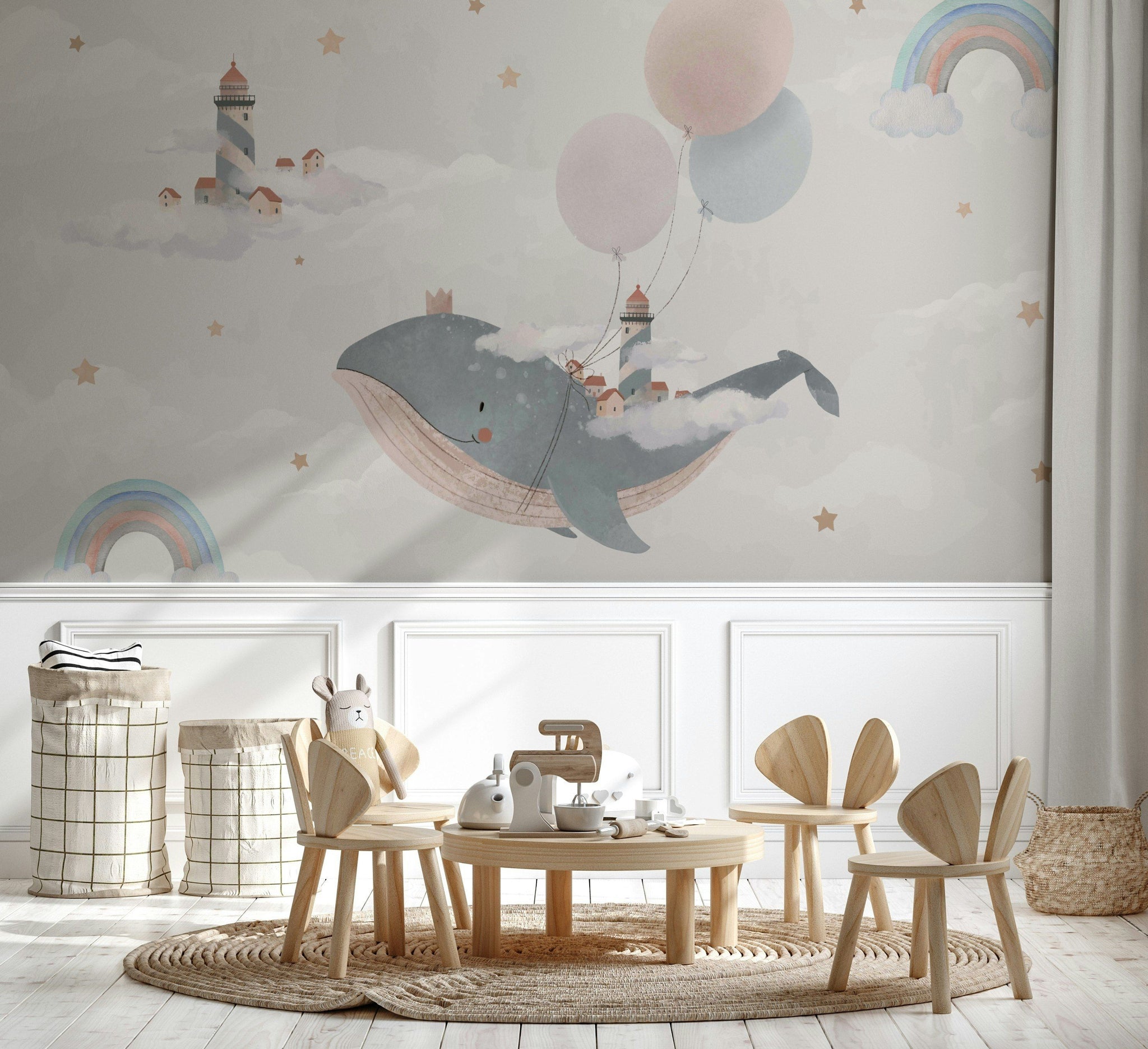 Balina ve Gökkuşaklı Poster Duvar Kağıdı Pastel Çocuk Odası