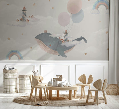 Balina ve Gökkuşaklı Poster Duvar Kağıdı Pastel Çocuk Odası