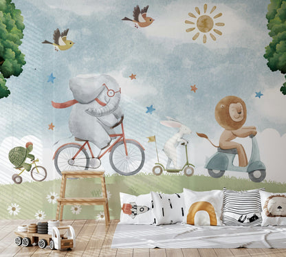 Bisikletli Safari Hayvanları Poster Duvar Kağıdı Pastel Çocuk Odası