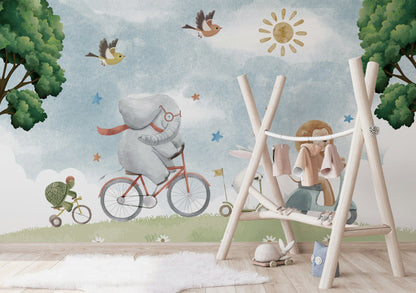 Bisikletli Safari Hayvanları Poster Duvar Kağıdı Pastel Çocuk Odası