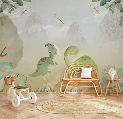Sevimli Dinozor Poster Duvar Kağıdı Yeşil Pastel Çocuk Odası