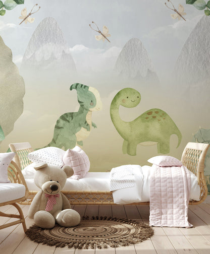 Sevimli Dinozor Poster Duvar Kağıdı Yeşil Pastel Çocuk Odası