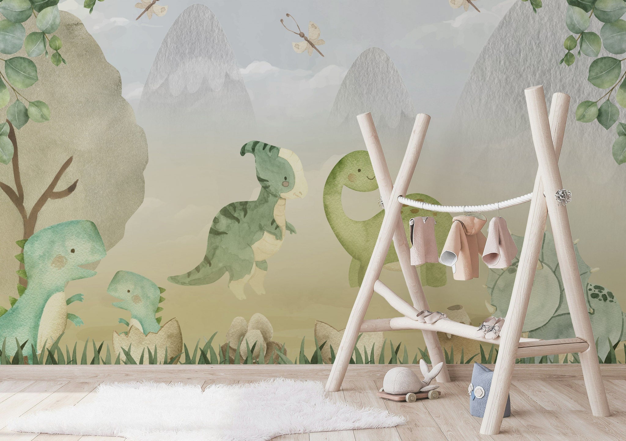 Sevimli Dinozor Poster Duvar Kağıdı Yeşil Pastel Çocuk Odası
