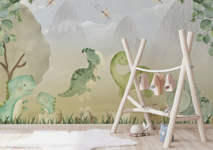 Sevimli Dinozor Poster Duvar Kağıdı Yeşil Pastel Çocuk Odası