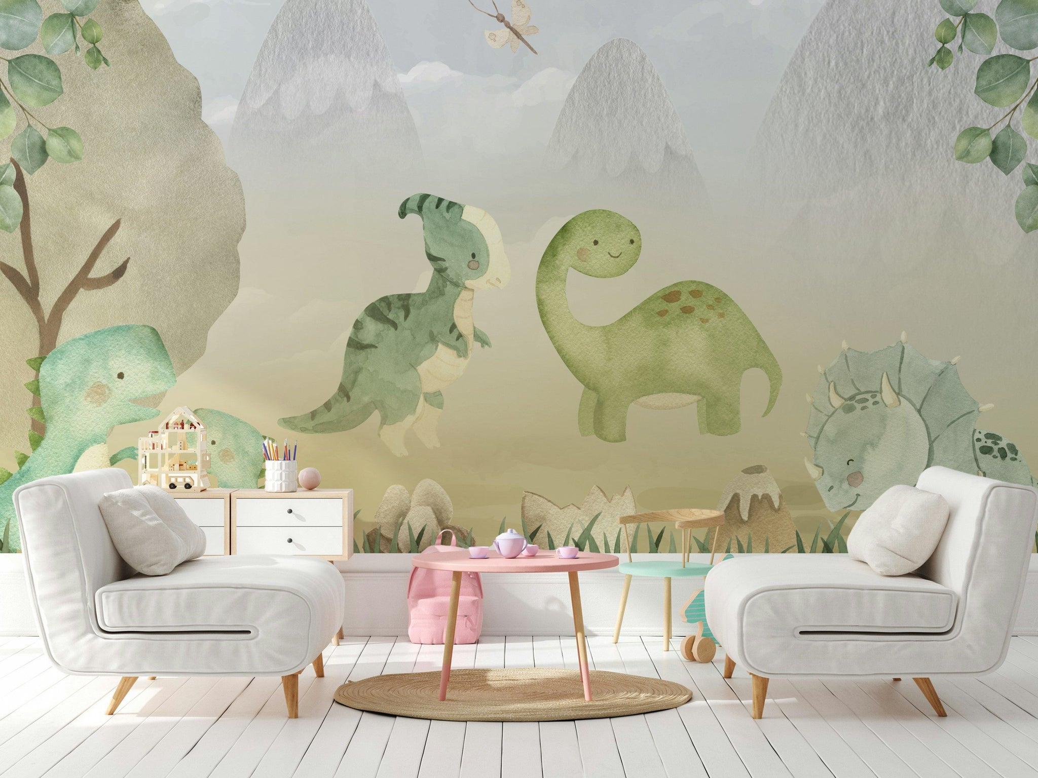 Sevimli Dinozor Poster Duvar Kağıdı Yeşil Pastel Çocuk Odası