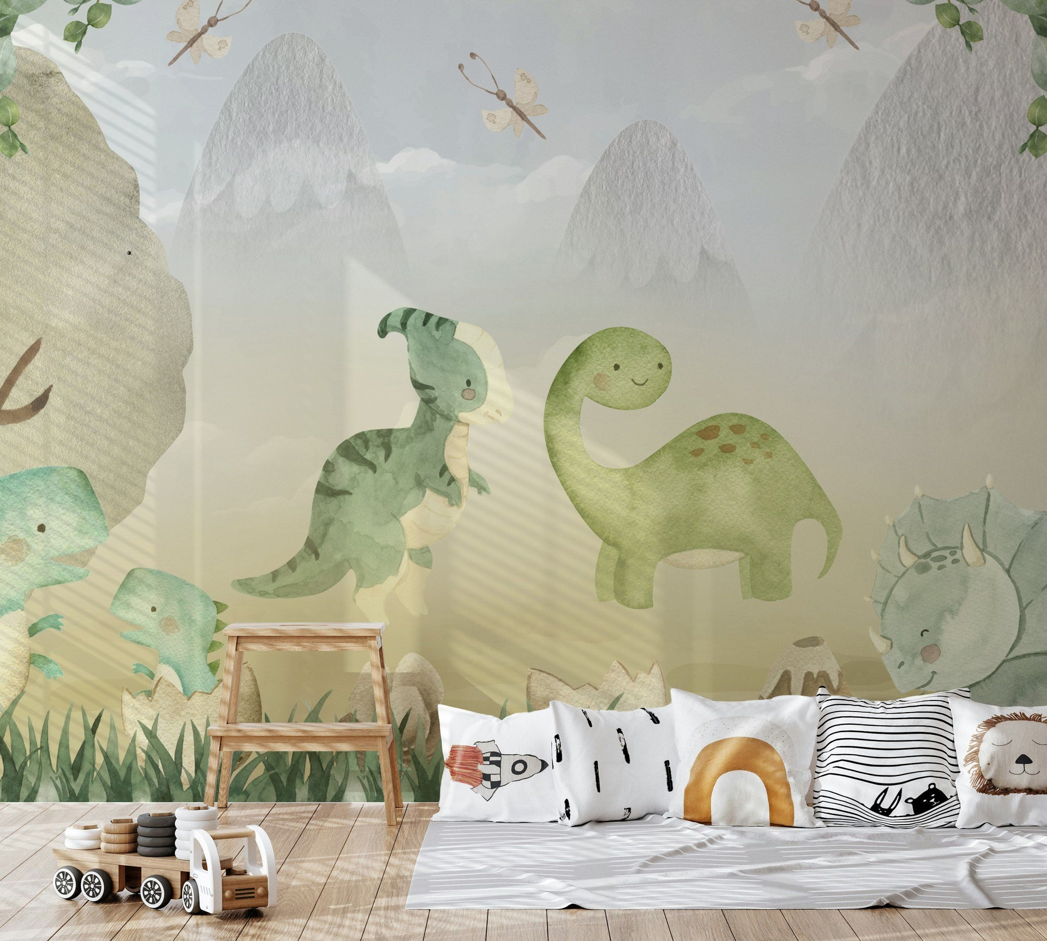 Sevimli Dinozor Poster Duvar Kağıdı Yeşil Pastel Çocuk Odası
