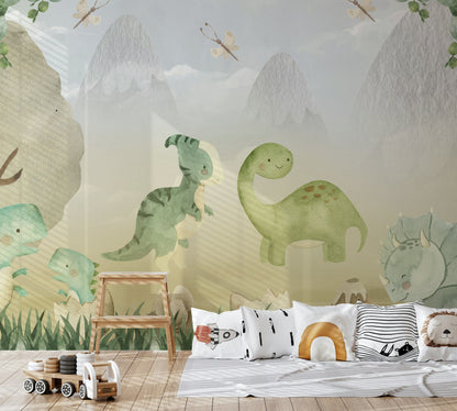 Sevimli Dinozor Poster Duvar Kağıdı Yeşil Pastel Çocuk Odası