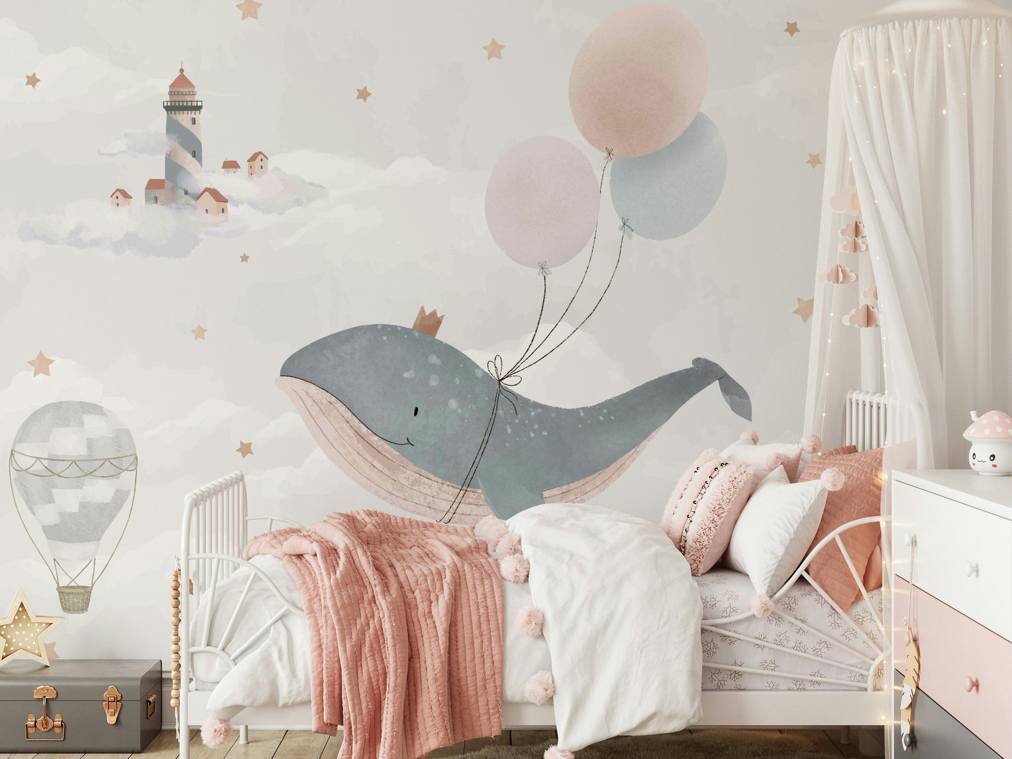 Balinalı Poster Duvar Kağıdı Pastel Bulut ve Balon Çocuk Odası