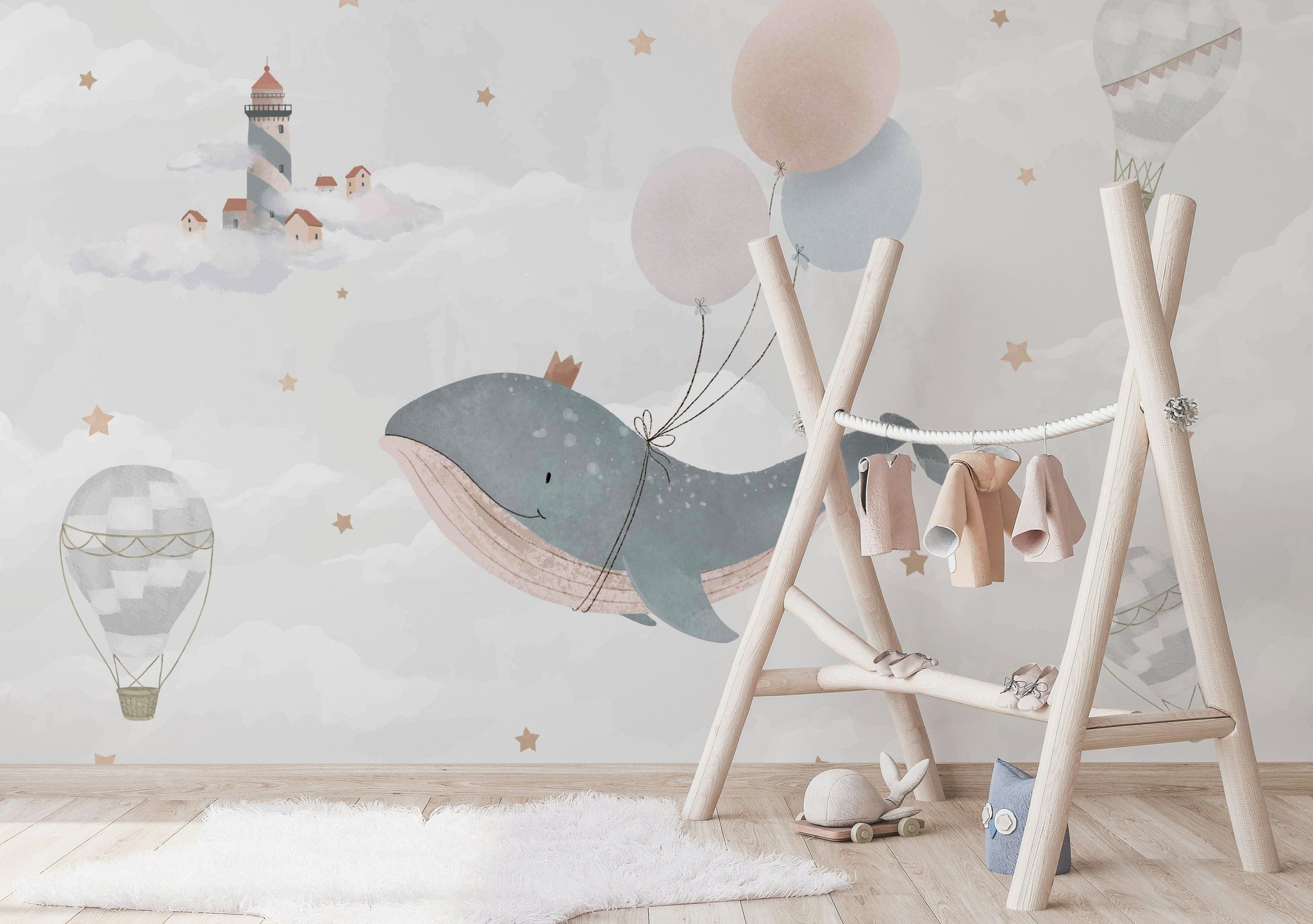 Balinalı Poster Duvar Kağıdı Pastel Bulut ve Balon Çocuk Odası