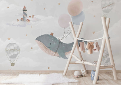 Balinalı Poster Duvar Kağıdı Pastel Bulut ve Balon Çocuk Odası
