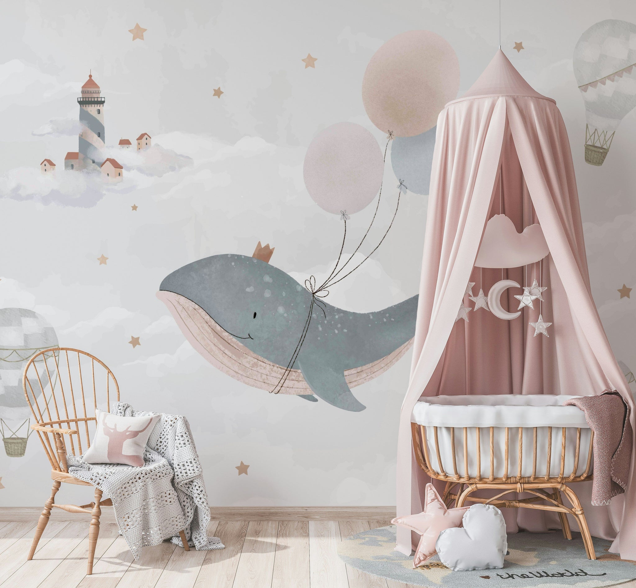 Balinalı Poster Duvar Kağıdı Pastel Bulut ve Balon Çocuk Odası