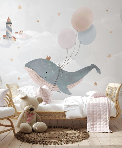 Balinalı Poster Duvar Kağıdı Pastel Bulut ve Balon Çocuk Odası