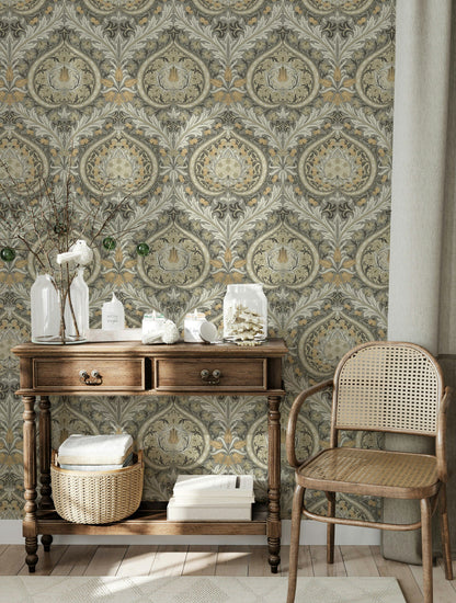 Klasik Damask Duvar Kağıdı Bej Gri Vintage Salon Deseni