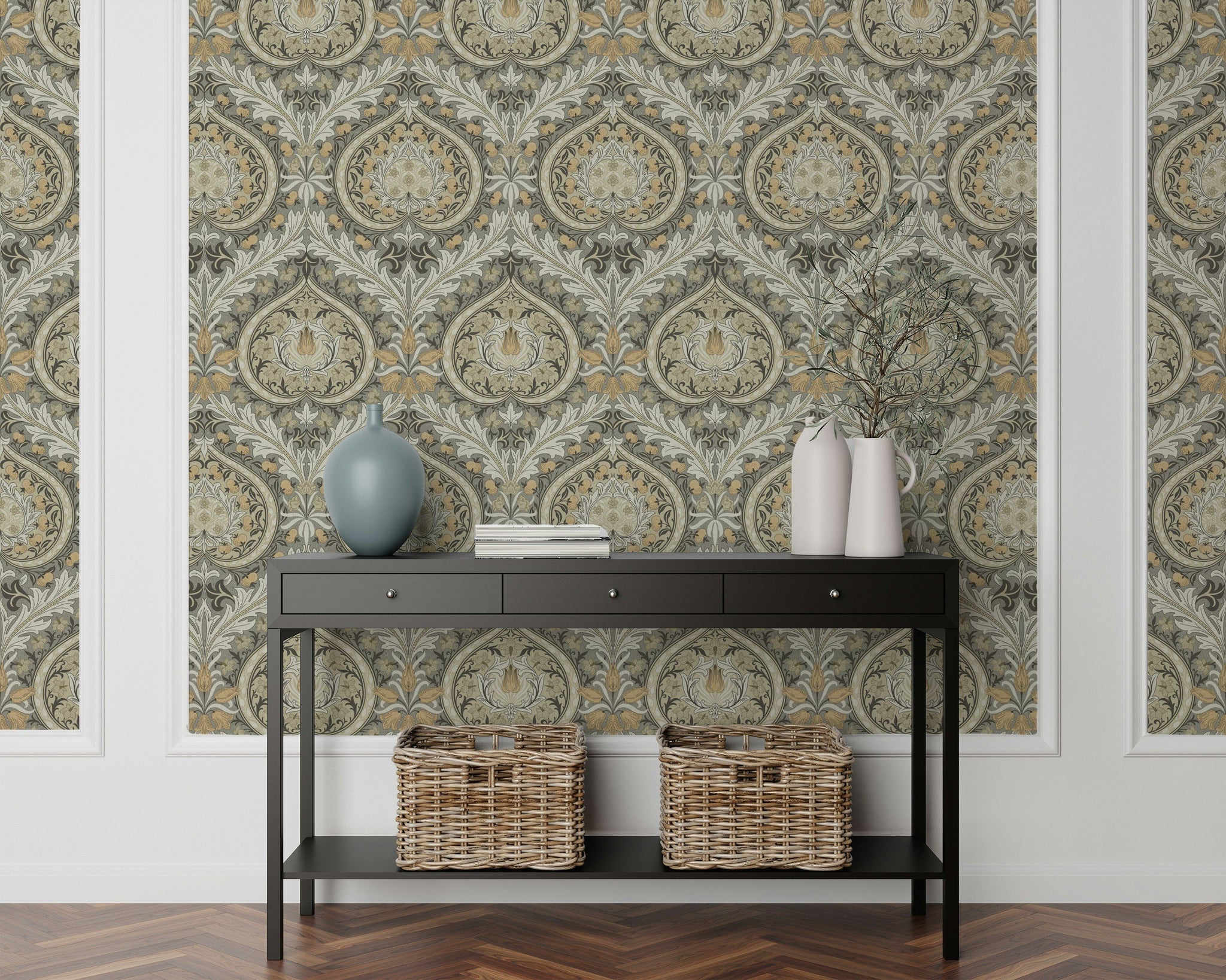 Klasik Damask Duvar Kağıdı Bej Gri Vintage Salon Deseni