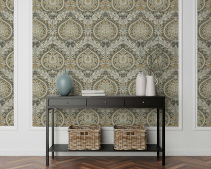 Klasik Damask Duvar Kağıdı Bej Gri Vintage Salon Deseni