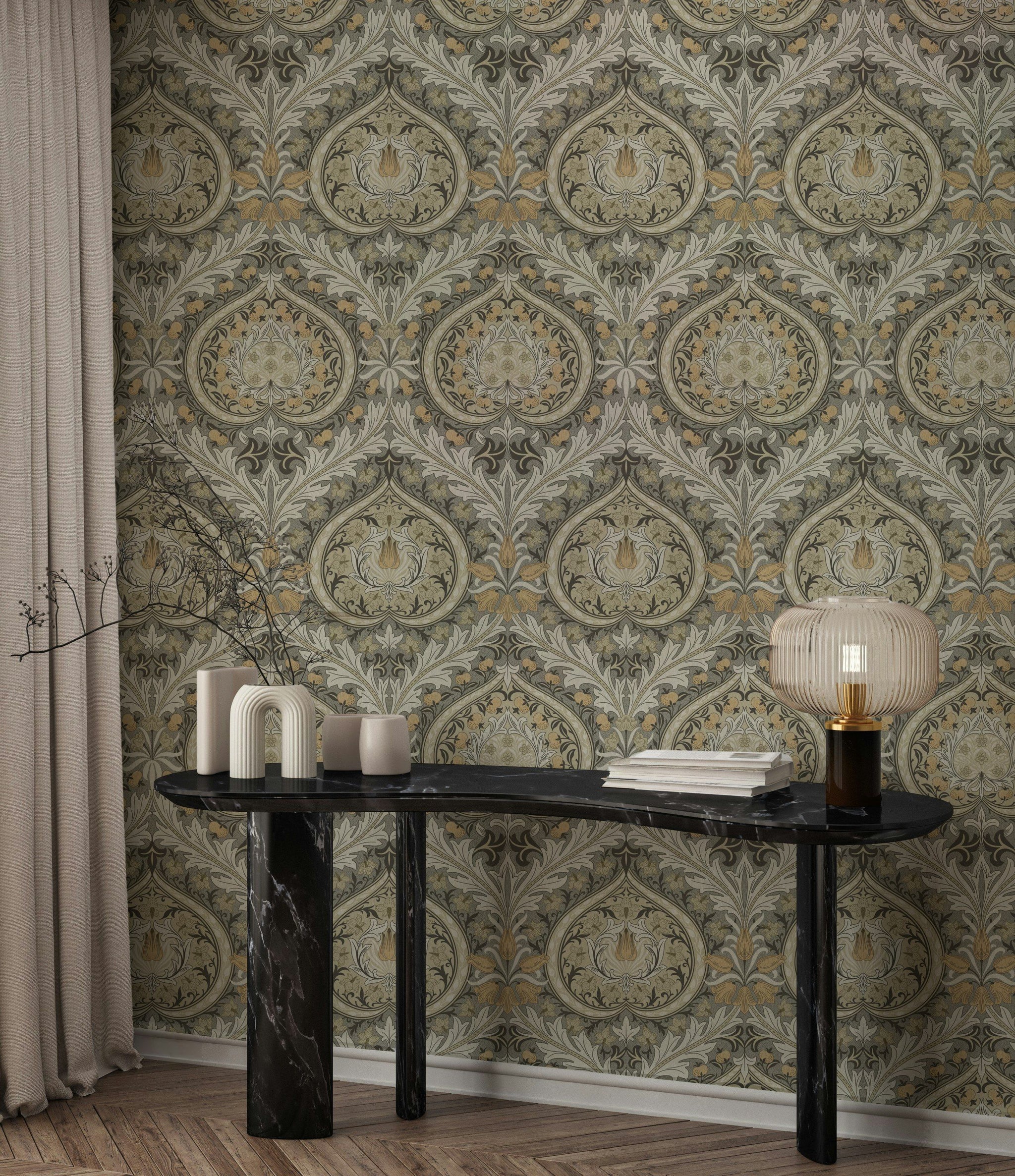 Klasik Damask Duvar Kağıdı Bej Gri Vintage Salon Deseni