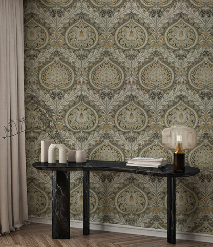 Klasik Damask Duvar Kağıdı Bej Gri Vintage Salon Deseni