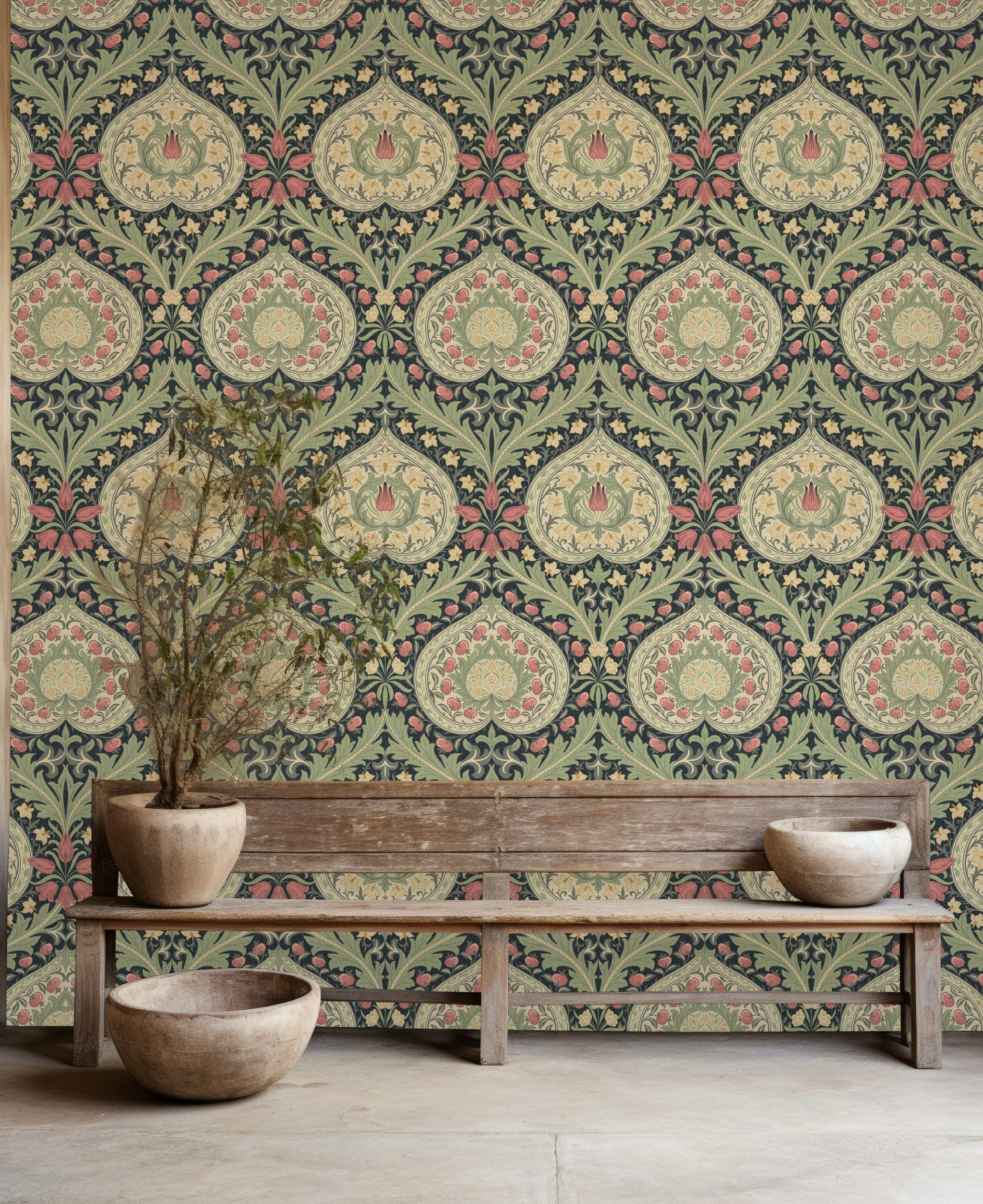 Vintage Çiçekli Duvar Kağıdı Yeşil Krem Klasik Salon Deseni
