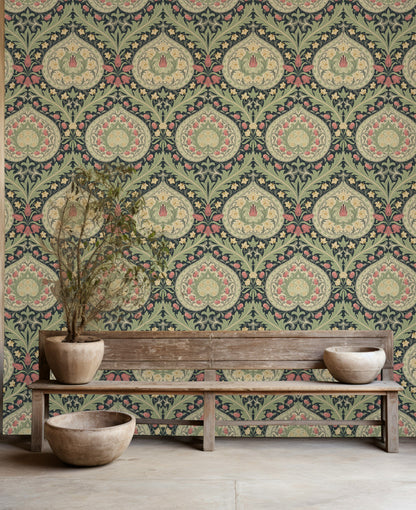 Vintage Çiçekli Duvar Kağıdı Yeşil Krem Klasik Salon Deseni