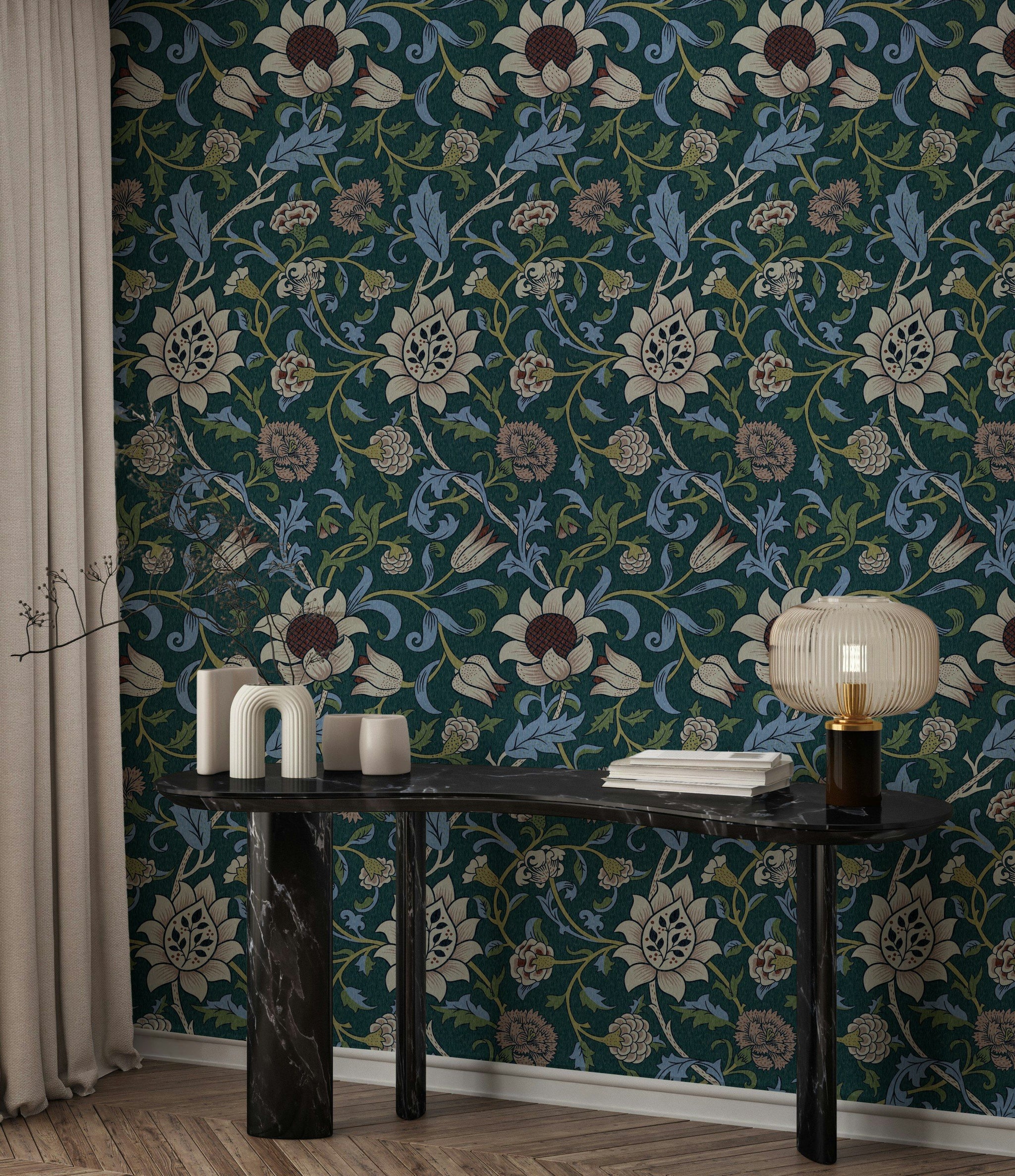 Çiçekli Sarmaşık Desenli Duvar Kağıdı Koyu Yeşil Salon