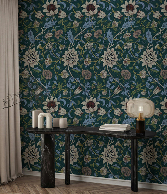 Çiçekli Sarmaşık Desenli Duvar Kağıdı Koyu Yeşil Salon
