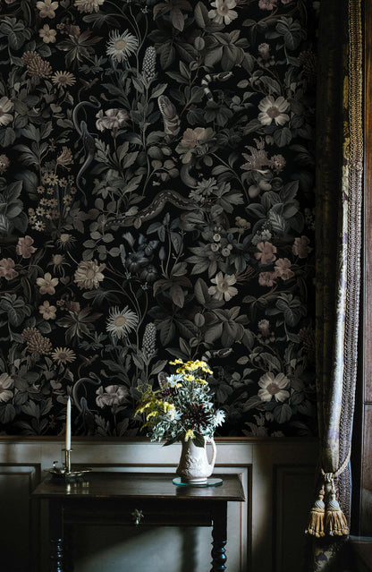 Yılan ve Çiçek Desenli Duvar Kağıdı Siyah