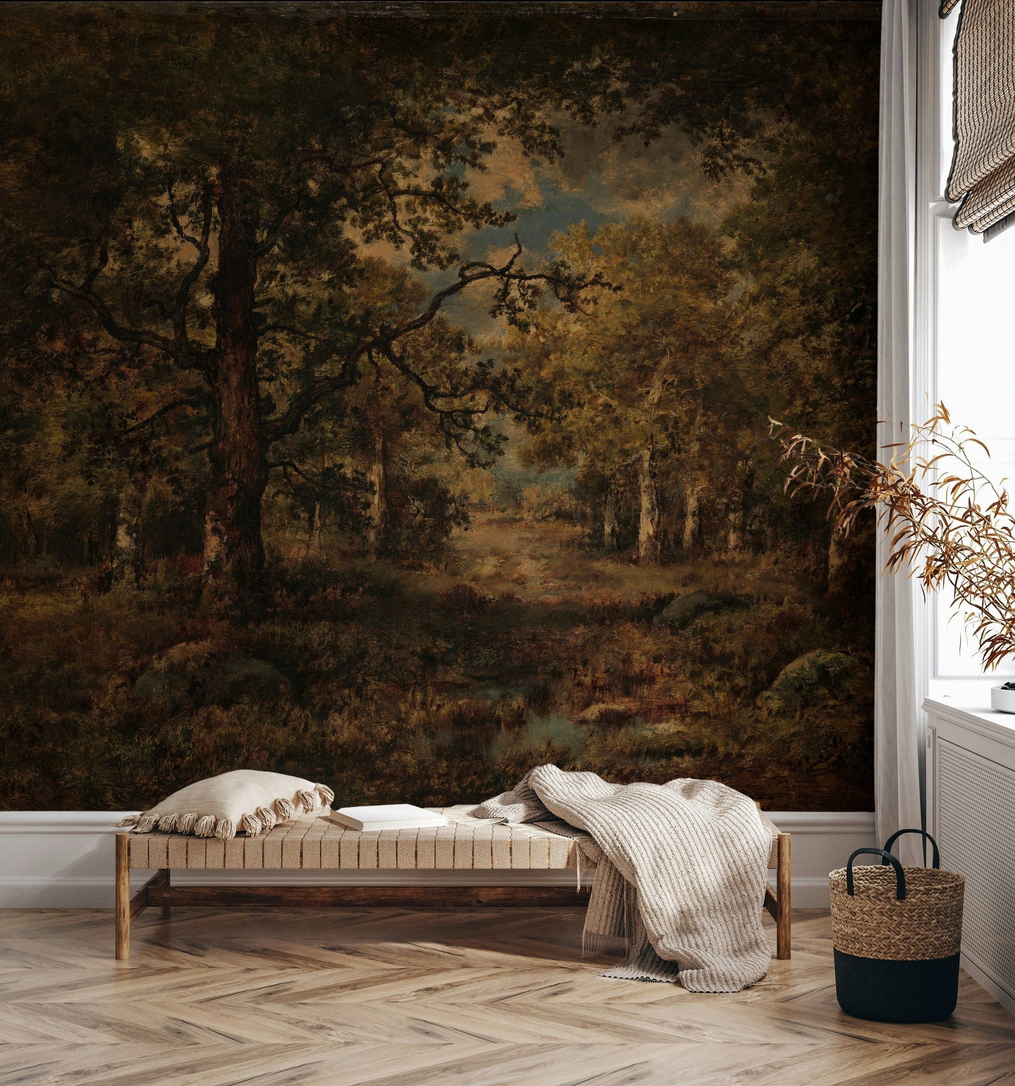 Yağlı Boya Orman Manzaralı Poster Duvar Kağıdı Kahverengi Salon