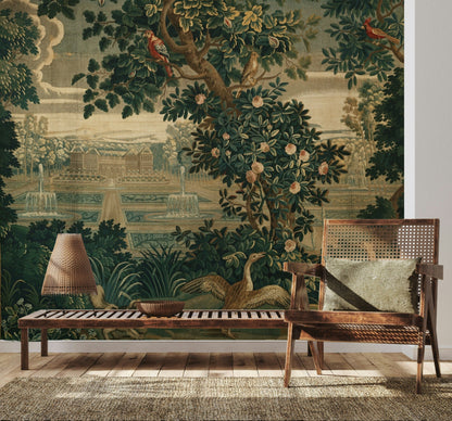 Kuşlu Orman Manzaralı Poster Duvar Kağıdı Yeşil Vintage Salon