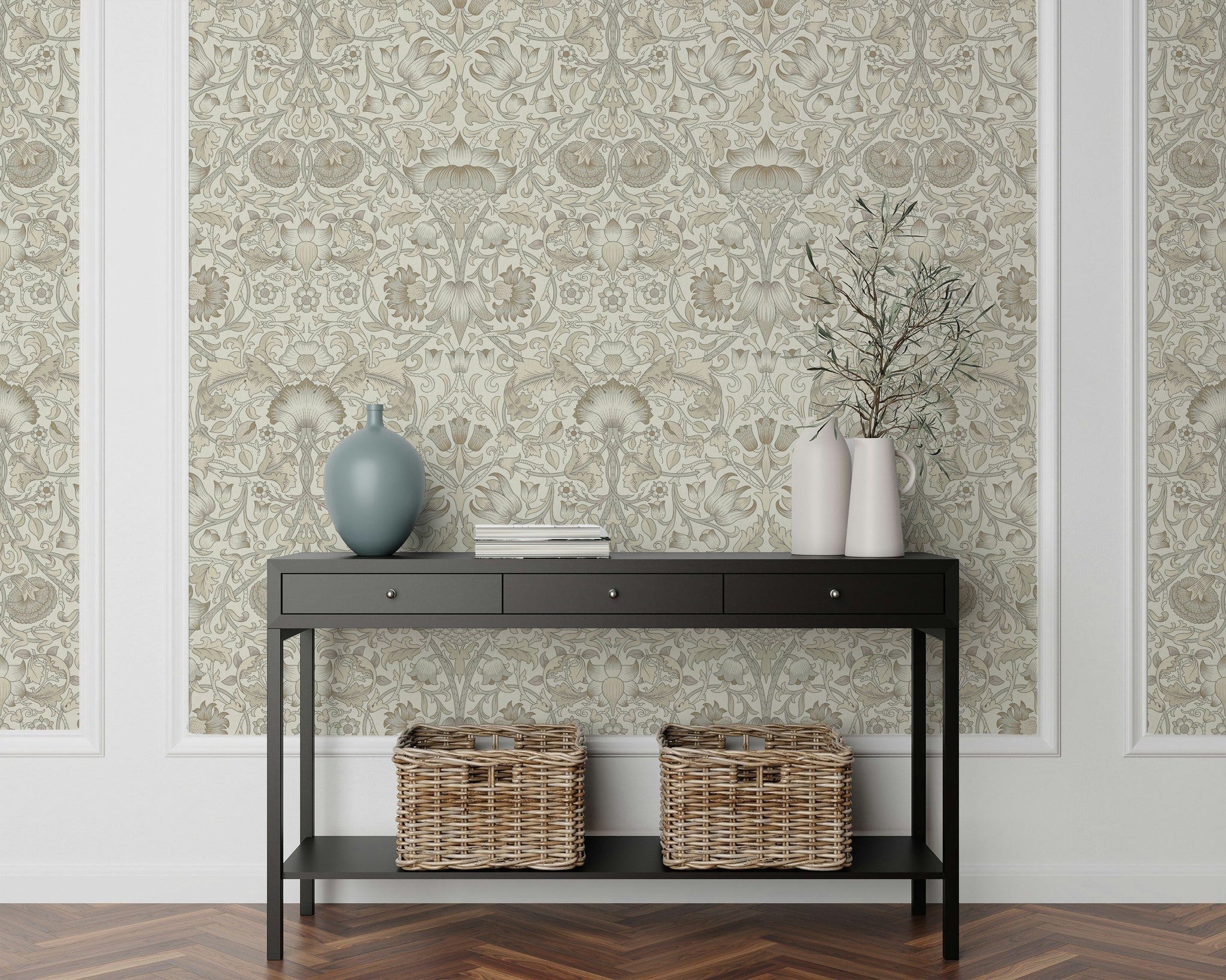 Klasik Çiçekli Duvar Kağıdı Bej Damask Desen Yatak Odası