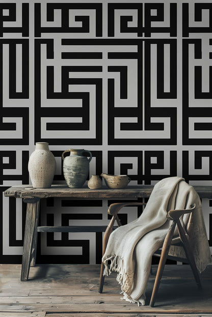 Geometrik Labirent Duvar Kağıdı Siyah Gri Modern Salon