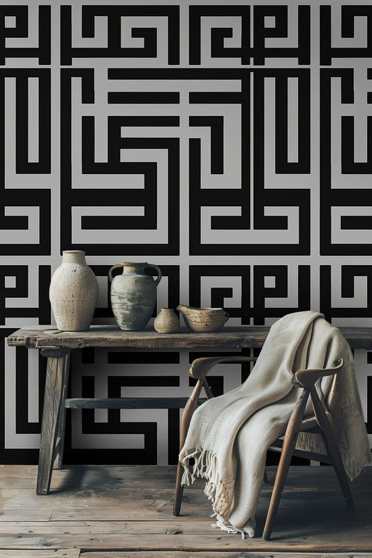 Geometrik Labirent Duvar Kağıdı Siyah Gri Modern Salon