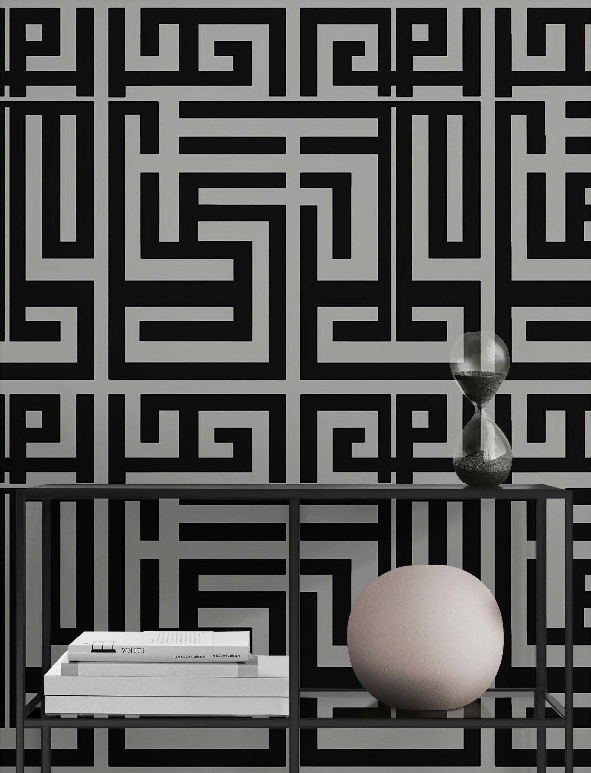 Geometrik Labirent Duvar Kağıdı Siyah Gri Modern Salon
