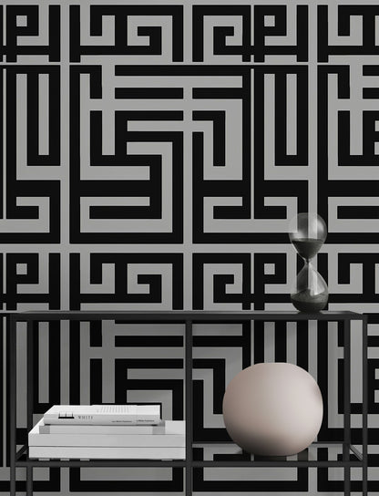 Geometrik Labirent Duvar Kağıdı Siyah Gri Modern Salon