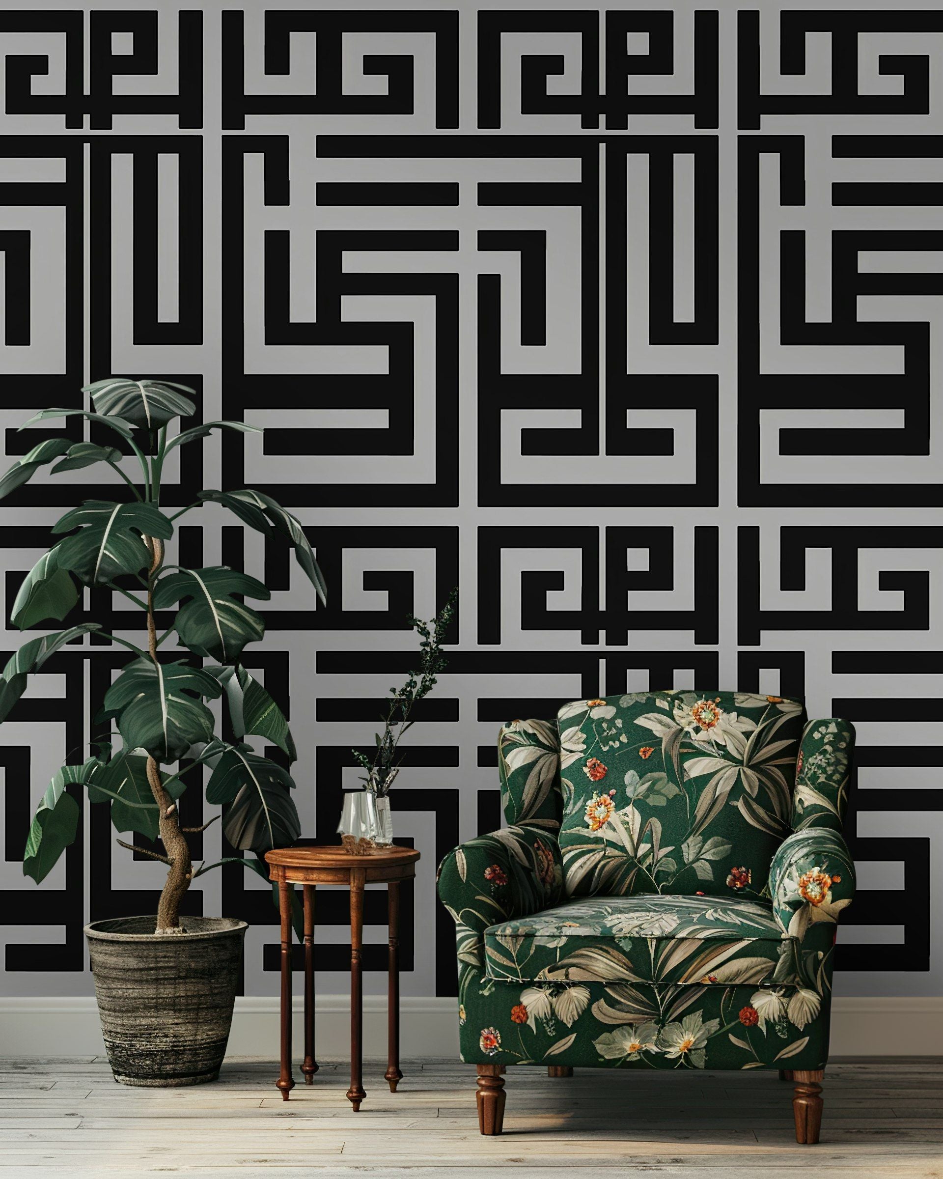 Geometrik Labirent Duvar Kağıdı Siyah Gri Modern Salon