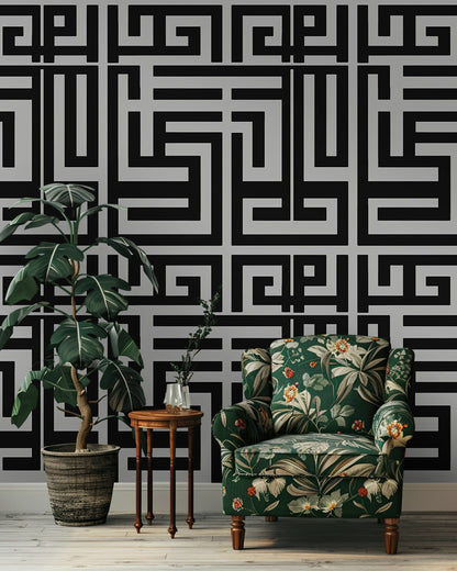 Geometrik Labirent Duvar Kağıdı Siyah Gri Modern Salon