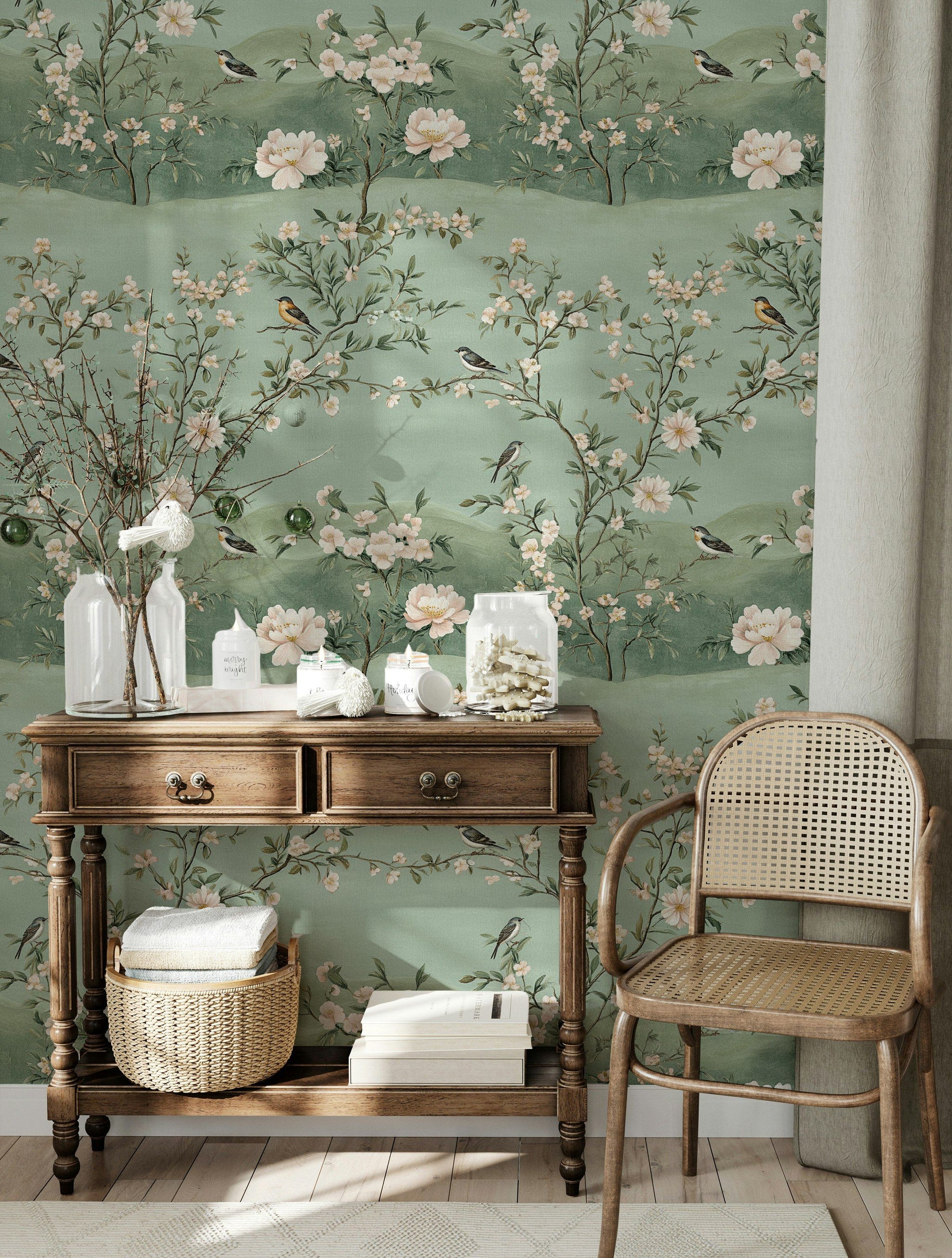 Çiçekli Kuşlu Duvar Kağıdı Yeşil Vintage Salon