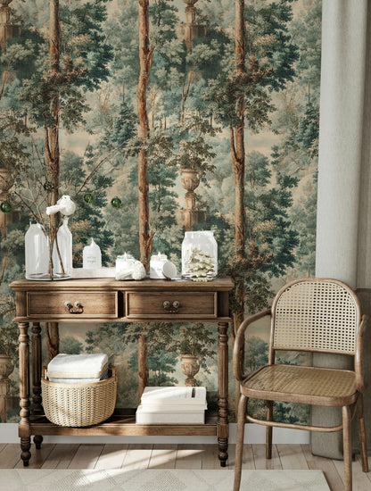 Orman Manzaralı Duvar Kağıdı Yeşil Vintage Salon