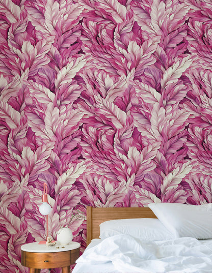 Pembe Yaprak Desenli Duvar Kağıdı Modern Salon Dekoru