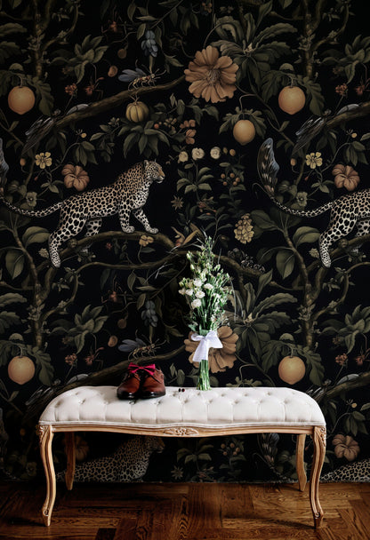 Leoparlı Orman Duvar Kağıdı Siyah Yeşil Salon
