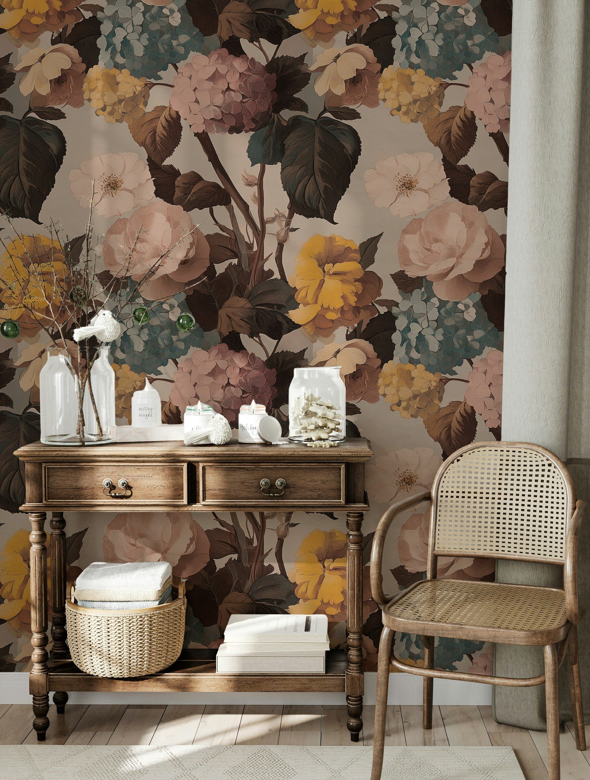 Vintage Büyük Çiçekli Duvar Kağıdı Bej Salon Dekoru