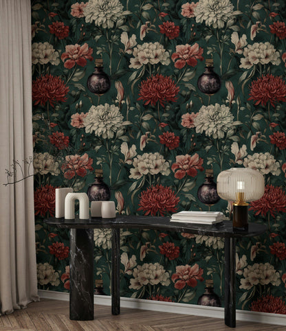Vintage Çiçekli Duvar Kağıdı Zümrüt Yeşili Salon Duvar Dekoru