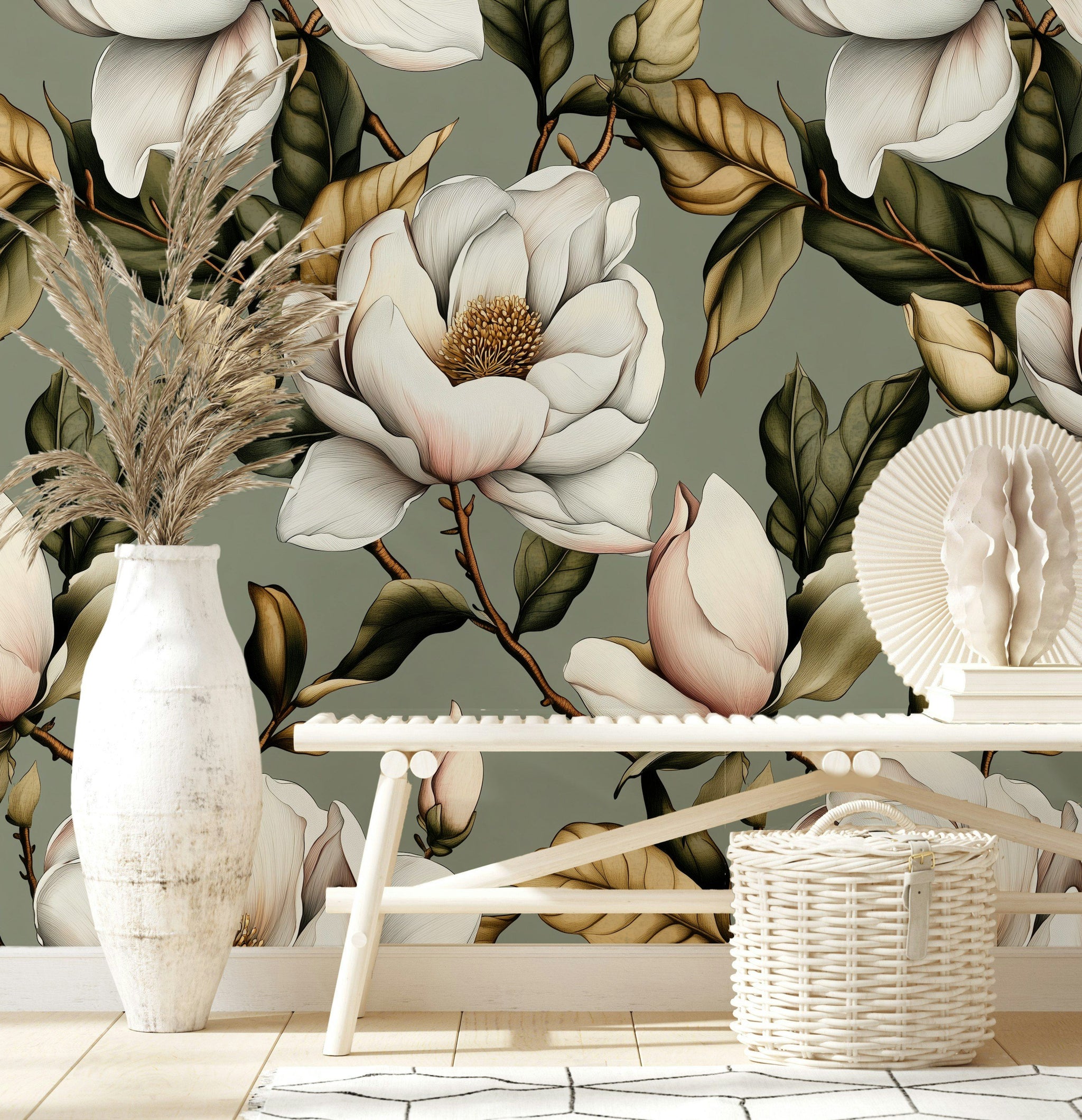 Beyaz Manolyalı Duvar Kağıdı Yeşil Botanik Salon