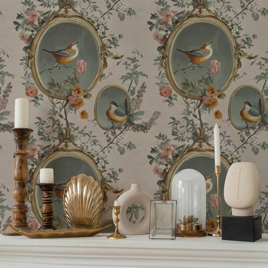Kuşlu Çiçekli Duvar Kağıdı Vintage Bej Salon