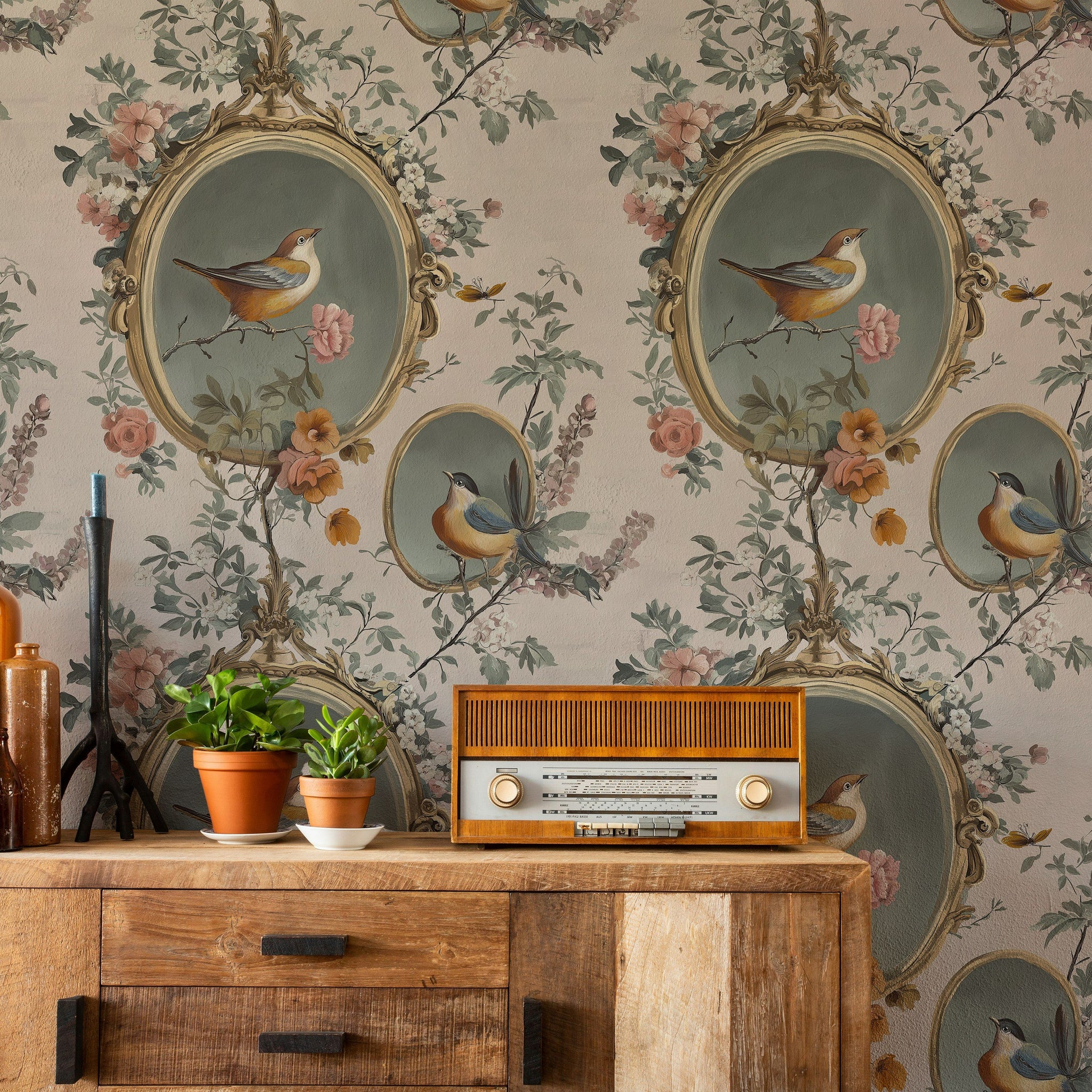 Kuşlu Çiçekli Duvar Kağıdı Vintage Bej Salon