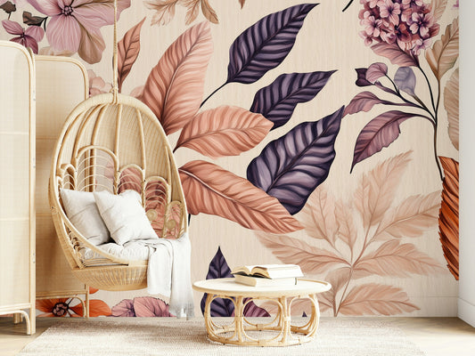 Suluboya Yapraklı Poster Duvar Kağıdı Mor Bej Botanik Salon